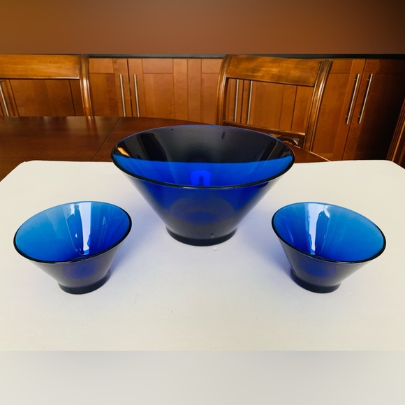 Cobalt blue glass bowls 3 Pc Set 10” in Large Deep Serving Bowl 5”in salad Bowls - Picture 6 of 11